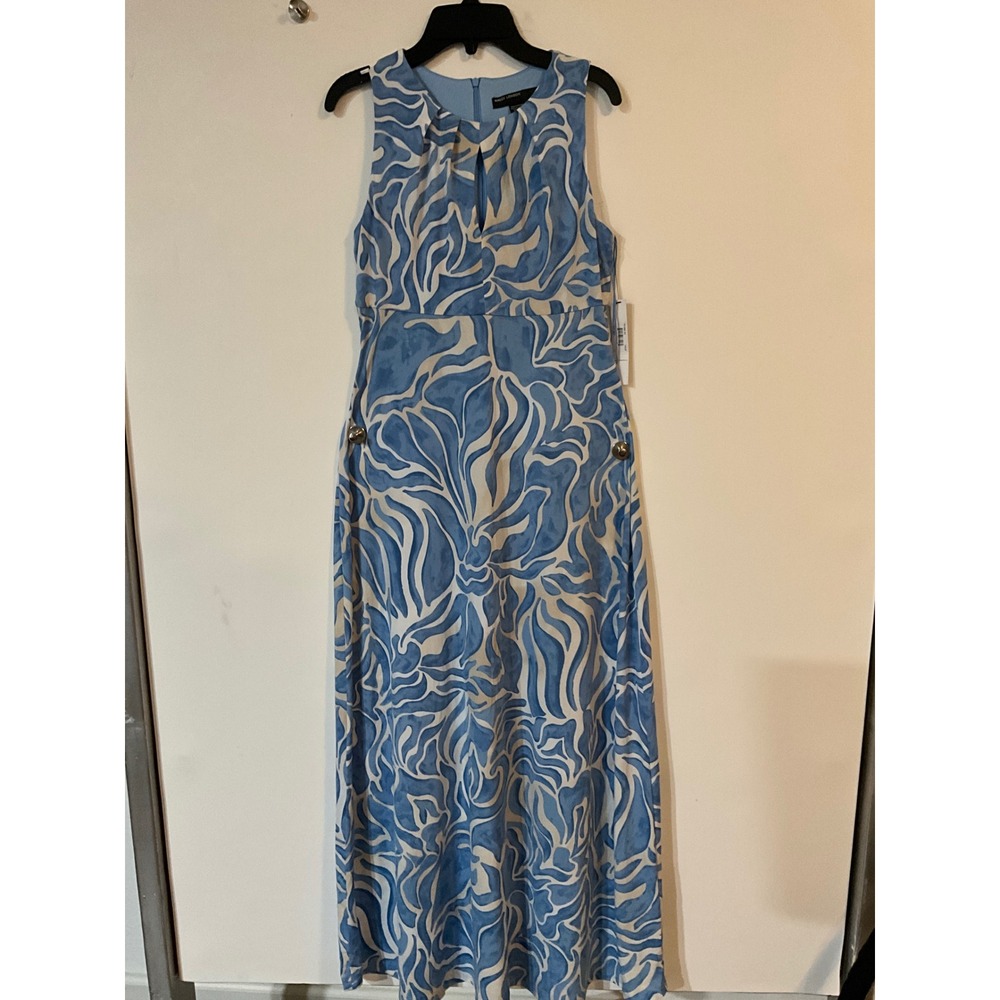 Maggy London Blue White Abstract Swirl Keyhole Maxi Dress Sleeveless Size 0 NEW